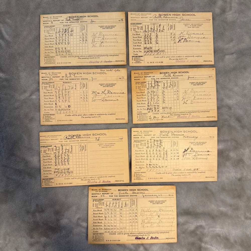 Bowen High School Chicago Report Cards Lot 1911-14 Ruth Dennis Vintage Ephemera‎